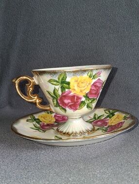 Ucagco Ceramics Japan Floral Footed Teacup and Saucer with Gold Handle